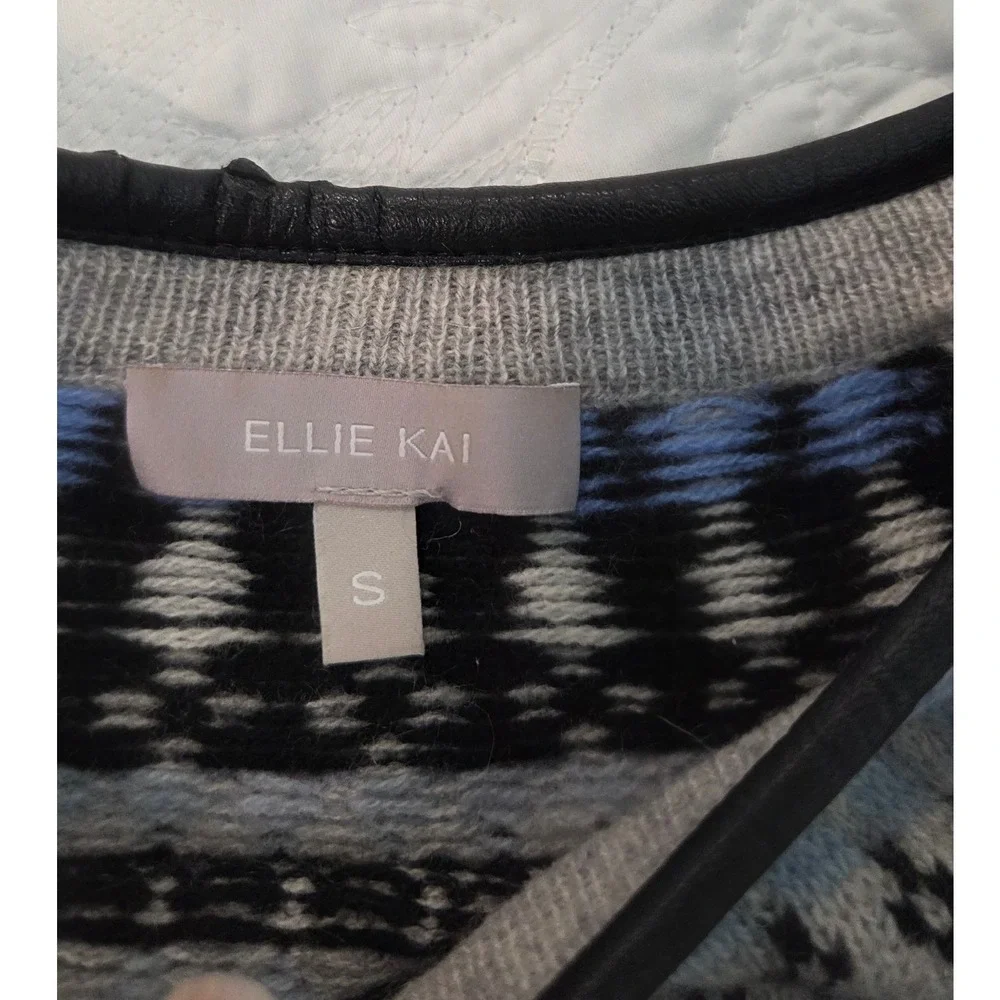 Ellie Kai 100% Cashmere Leather Trim Blue Gray‎ Winter Sweater Cozy Small